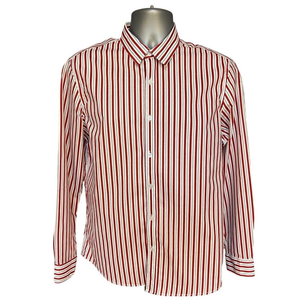 Tunevuse Red and White Striped Long Sleeve Regular Fit Cotton Button Down Size M
